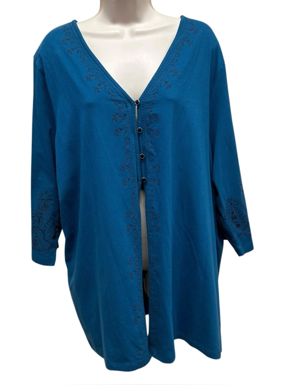 Ulla Popken women’s kimono cardigan blue 20/22 embroidered boho cotton